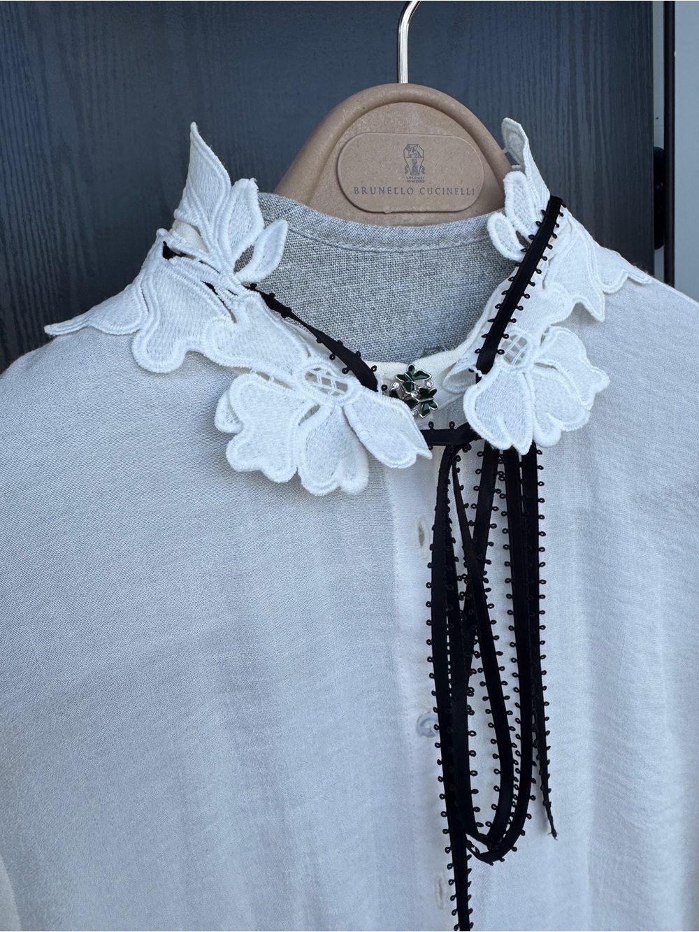 Maje White Lace-Collar Button Down Blouse with Black Tie - Picture 4 of 7